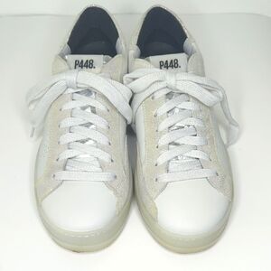 P448 Women's Size 8.5 John Leather Sneaker in Crystal (White w/ Silver Accents)